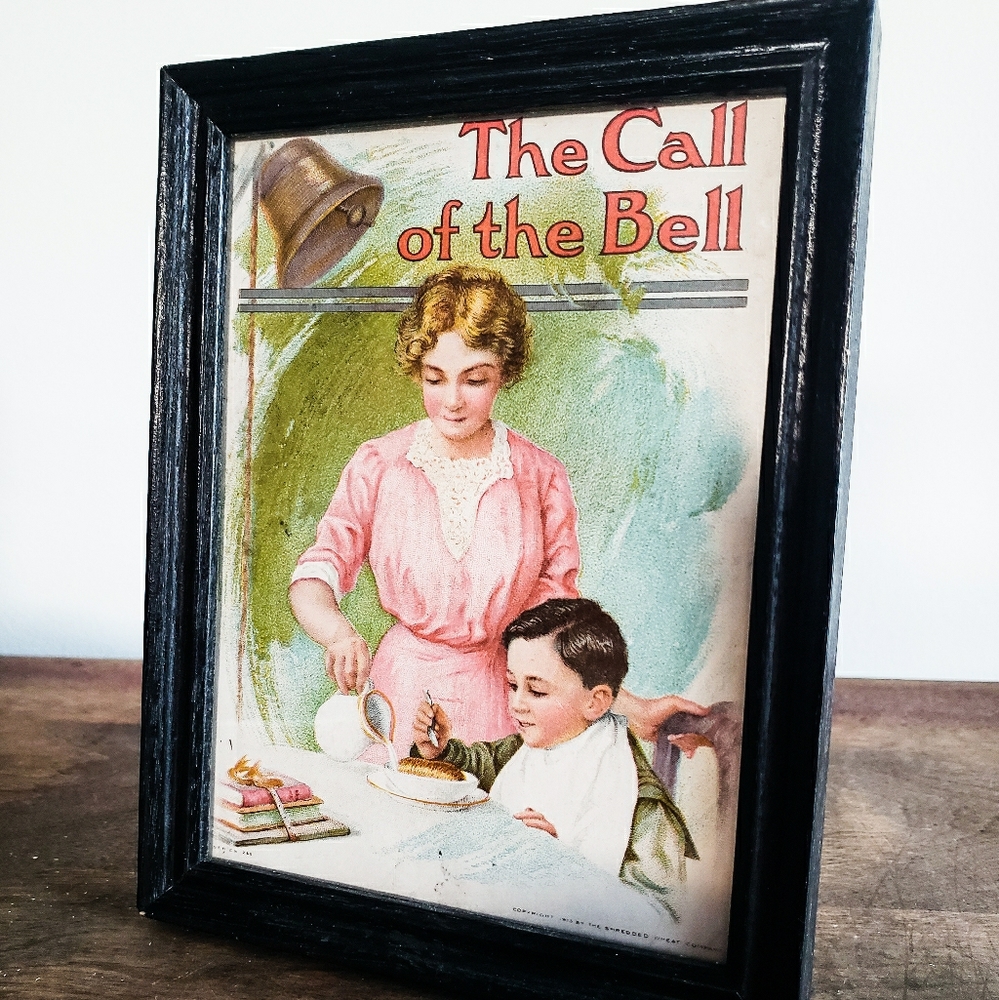 Vintage farmhouse style picture in frame with midcentury colors.